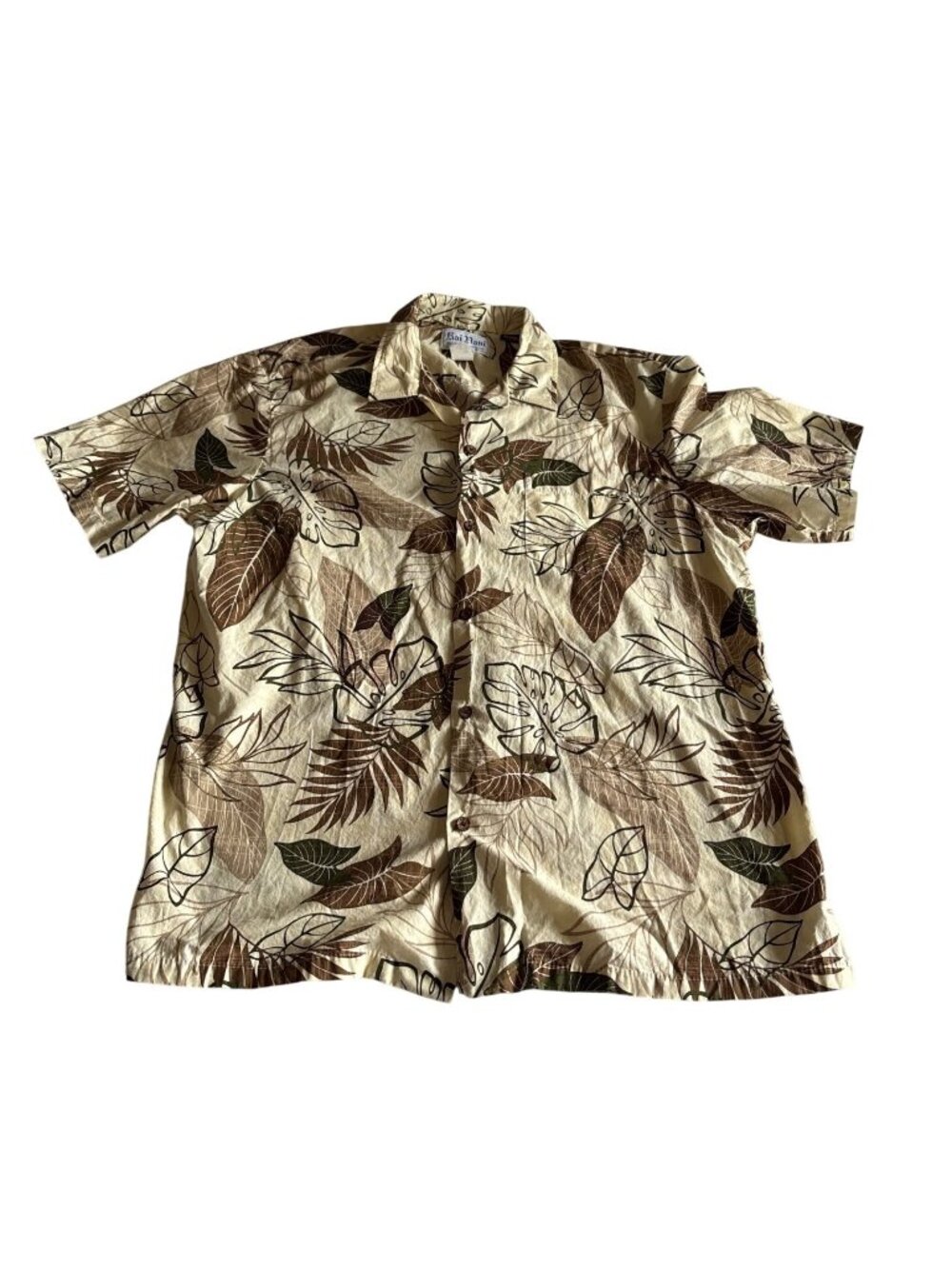 Hawaiian Shirt Size XL Beige Leaf Print Cotton Kai Nani Mens Collared USA